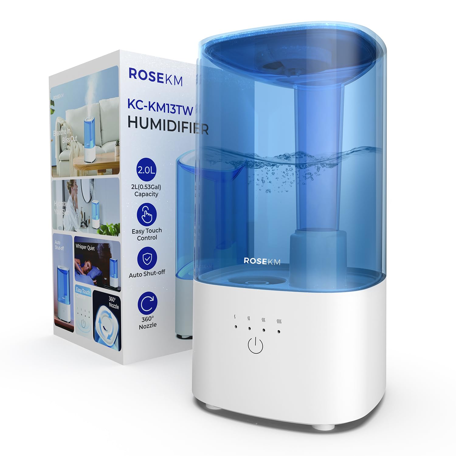 Cool Mist Humidifiers for Bedroom, 2.0L Small Humidifier for Baby and Plant, Last Up to 10H on Max Mist Setting, Auto Shut-Off, Auto-Off Indicator, 360° Nozzle