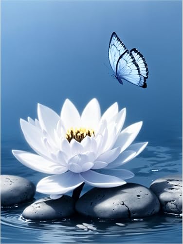 Lwlaboc Arte de pared calmante azul marino, imágenes de flores de loto blanco, impresiones de mariposas para meditación, sala de yoga, decoración de