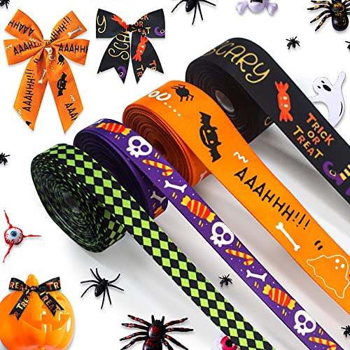 Hying 4 Rolls Halloween Ribbons for Crafts Bows Gift Wrapping Orange Black Ribbons Candy Skull Ribbon for Halloween Party Home Decoration 0.4 0.9 X 5 Yards