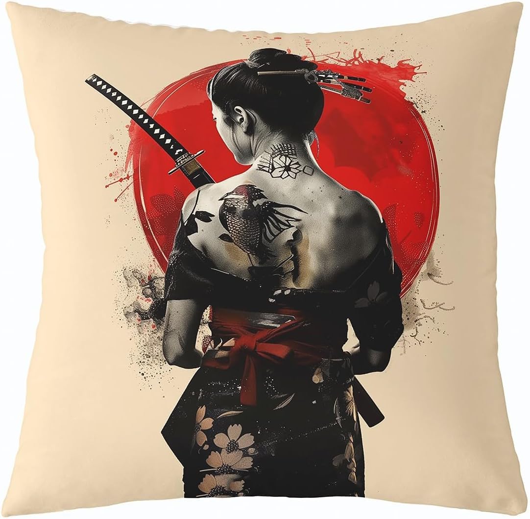 Homemissing Kids Japanese Geishas Throw Pillow Covers 45x45cm 1Pcs Boys Girls Red Sunset Decor Cushion Cover Japanese Style Tradition Aesthetic Outdoor Pillow Case