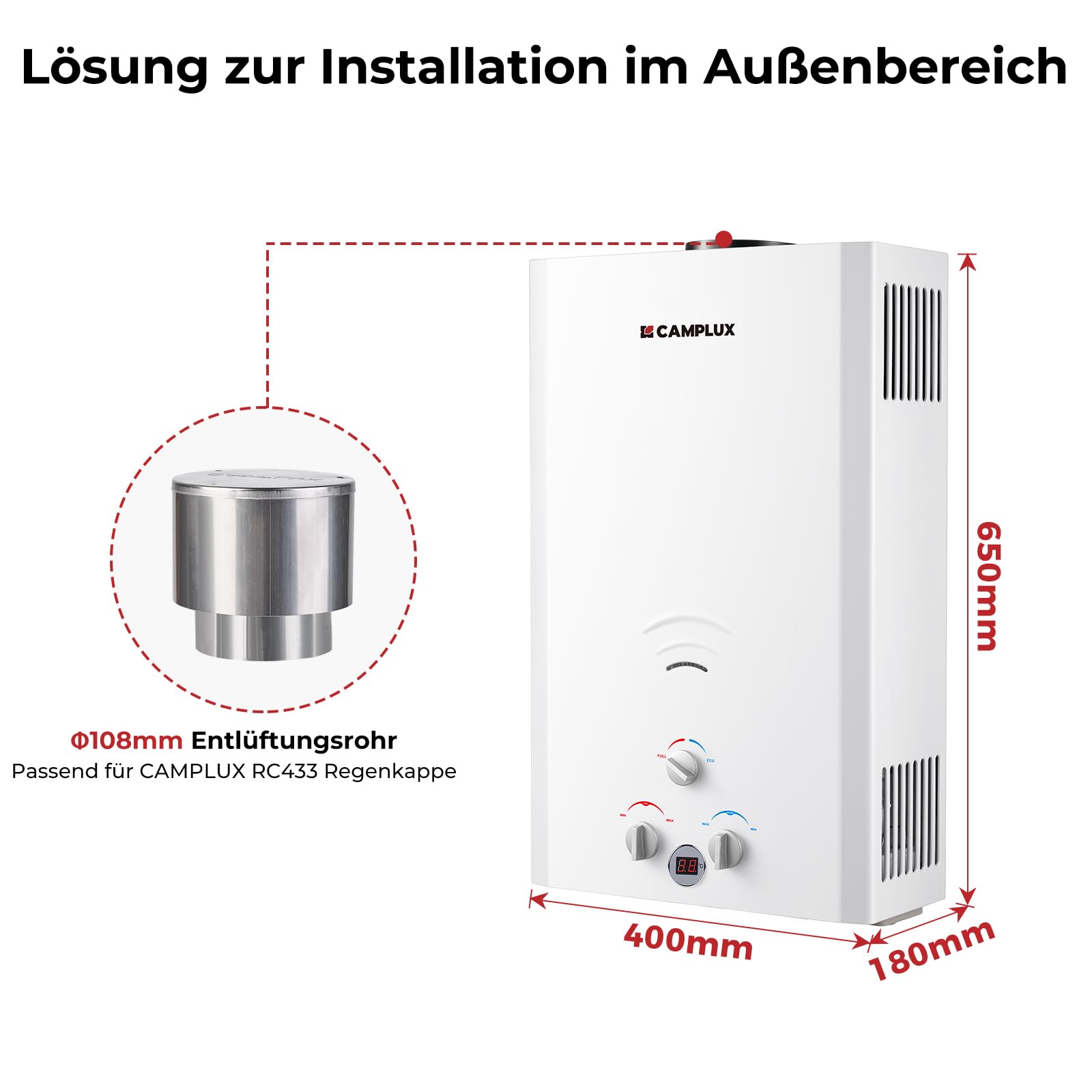CAMPLUX 16 Liter Gasdurchlauferhitzer im Freien, 50mbar Tankless Gasdusche mit Gasregler, Propanga/Butangas, für Campingdusche/Wohnmobilausflug/Waschpferd, BW422-DE