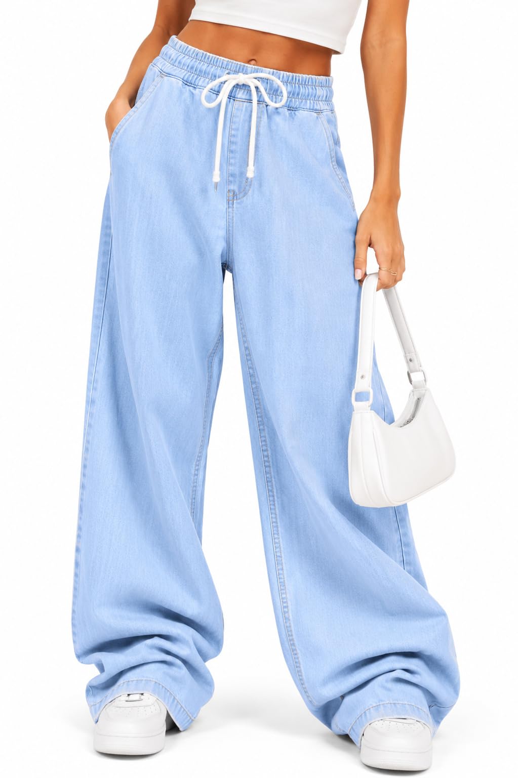 The Drawstring Wide Leg Baggy Jeans | Relaxed Fit Denim Pants Comfortable Elastic Waist Casual Trousers | Color Light Blue | Size 30-image-46