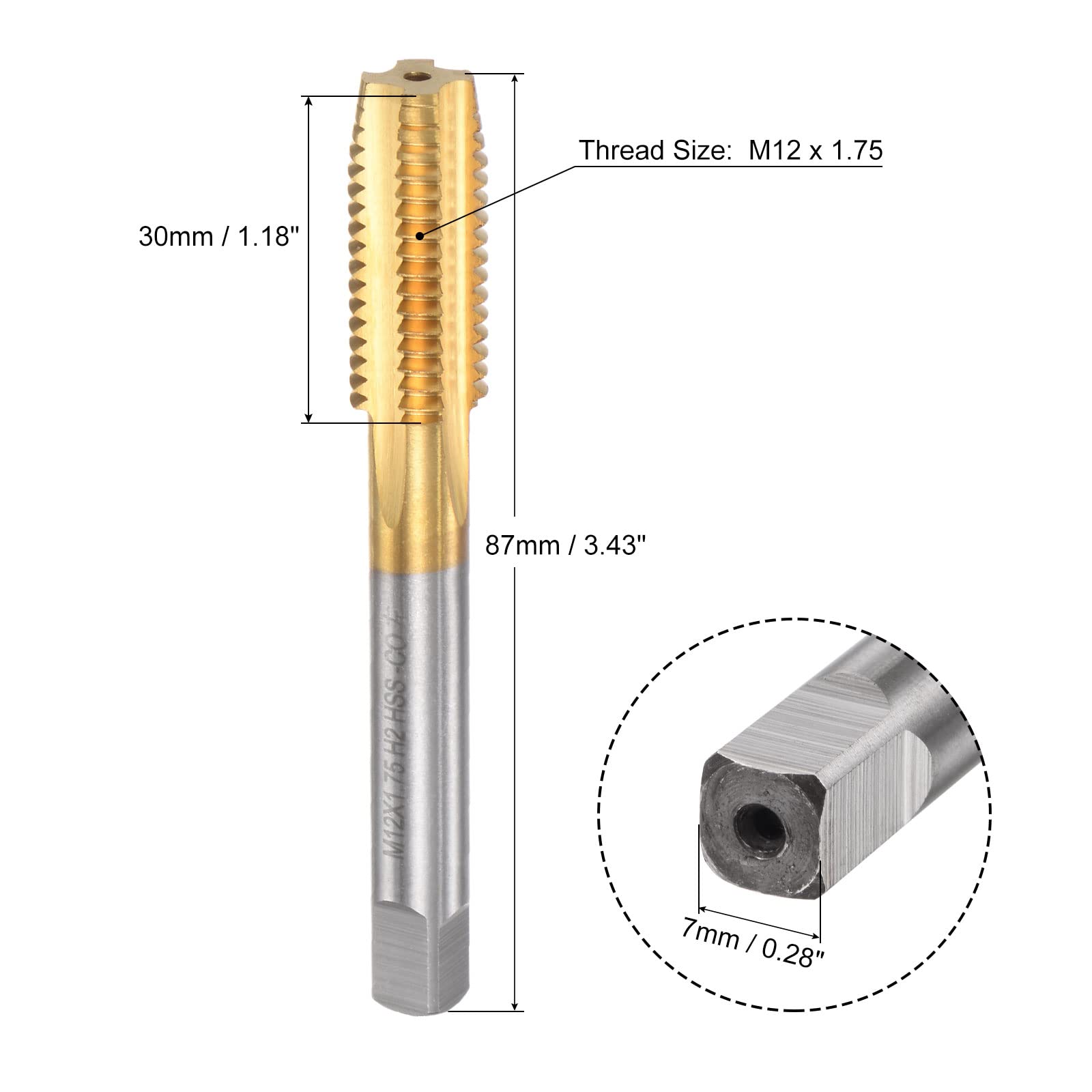 sourcing map Macho de Rosca de Recto Flauta Grifos, M12 x 1,75 Métrico Izquierdo Mano Titanio Revestido M35 Cobalto Alta Velocidad Acero Máquina Tornillo Rosca Fresado Macho