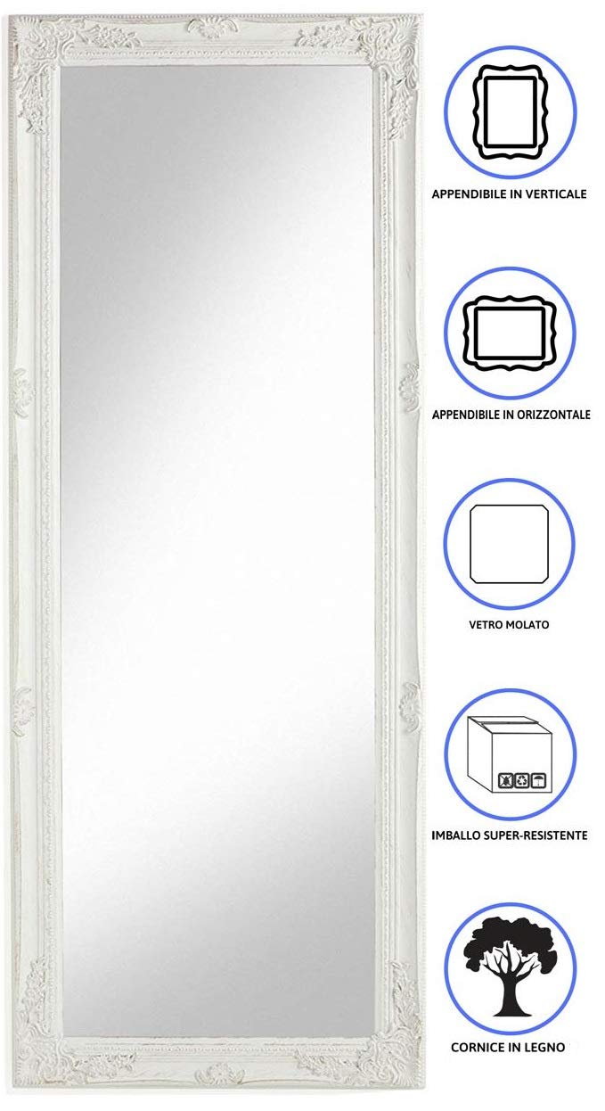Baroni Home Specchio in Legno Bianco con Cornice Shabby, Specchiera da Parete Rettangolare per camera da letto, bagno o soggiorno, Specchio Shabby Bianco Anticato, 55x142 cm