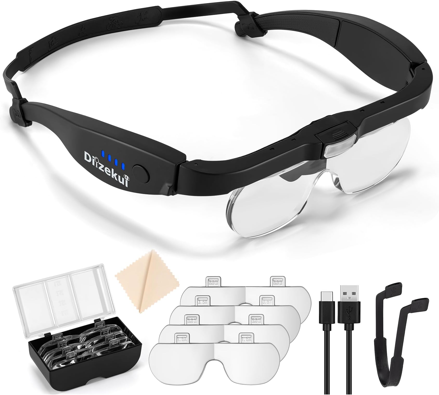 Magnifying Glass with Light 1.5X to 5.0X, Rechargeable Magnifying Glasses Head Magnifier, Lighted Magnify Glass with 4 Detachable Lenses, Magnifier Headset for Close Work Hobbies Jewelry