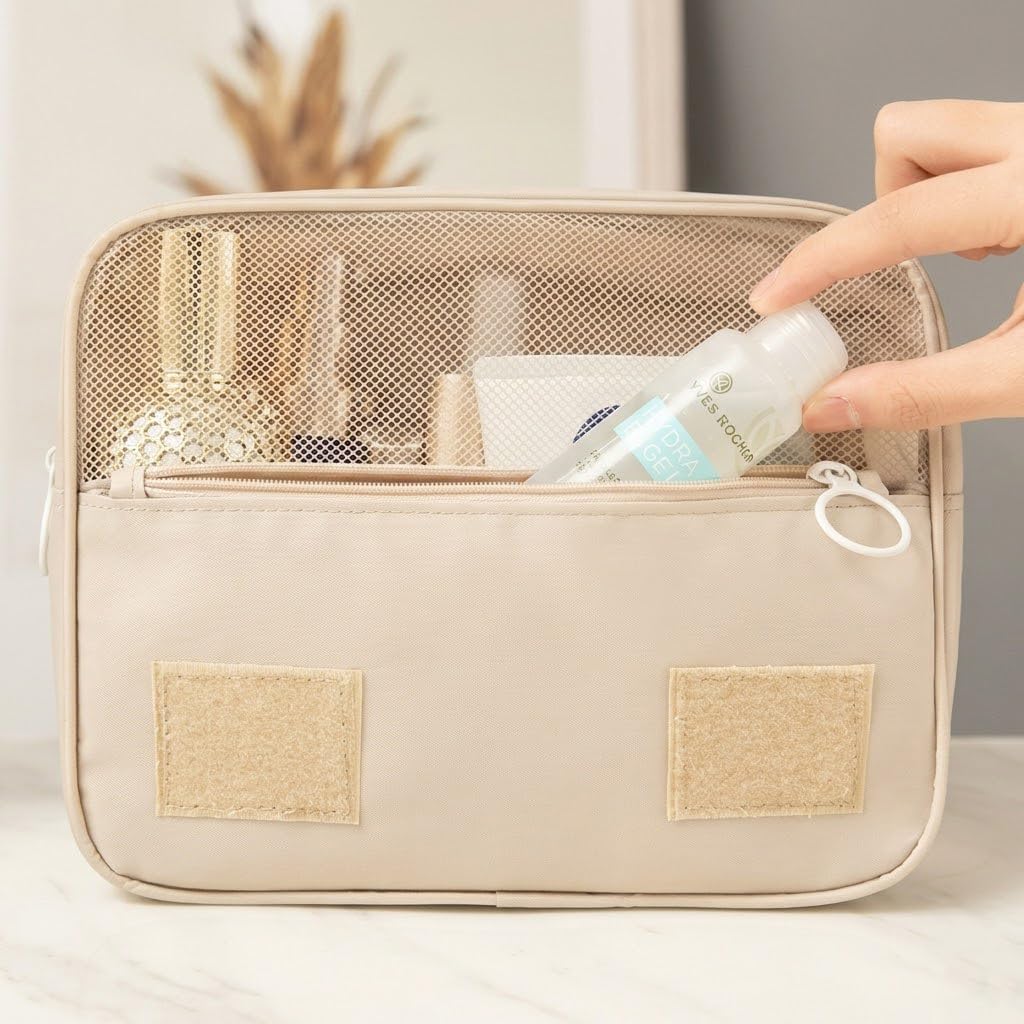 Necessaire Organizadora de Viagem Unissex com Gancho, Divisórias e Tecido Impermeável (Bege) Necessaire Organizadora de Viagem Unissex com Gancho, Divisórias e Tecido Impermeável (Bege)