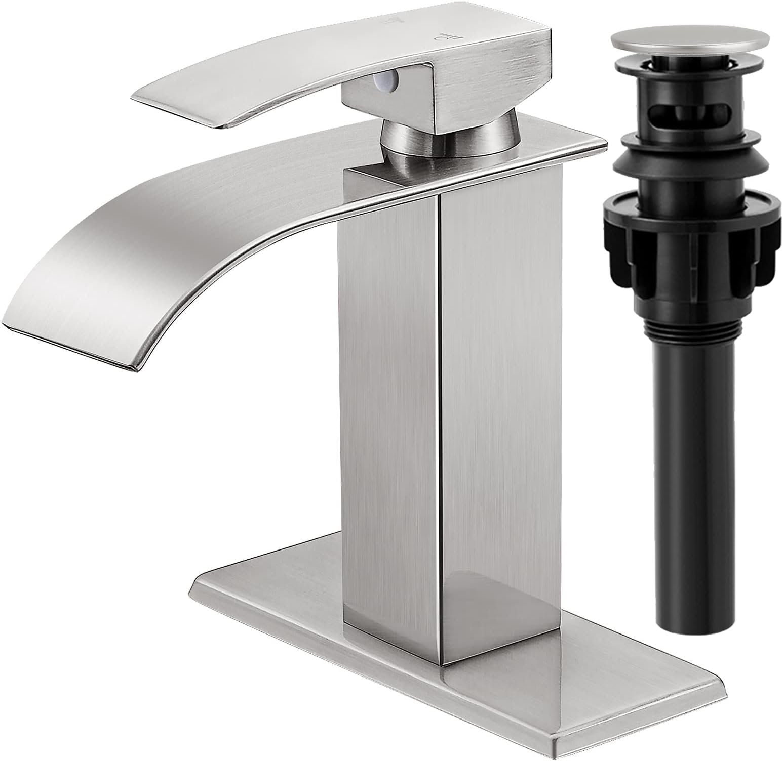 KZH Waterfall Bathroom Faucet,Single Handle 1 or 3 Hole Bathroom Sink Faucet Washbasin Faucets,Rv Vanity Faucet with Deck Plate, Pop-up Drain and Supply Hoses Brushed Nickel