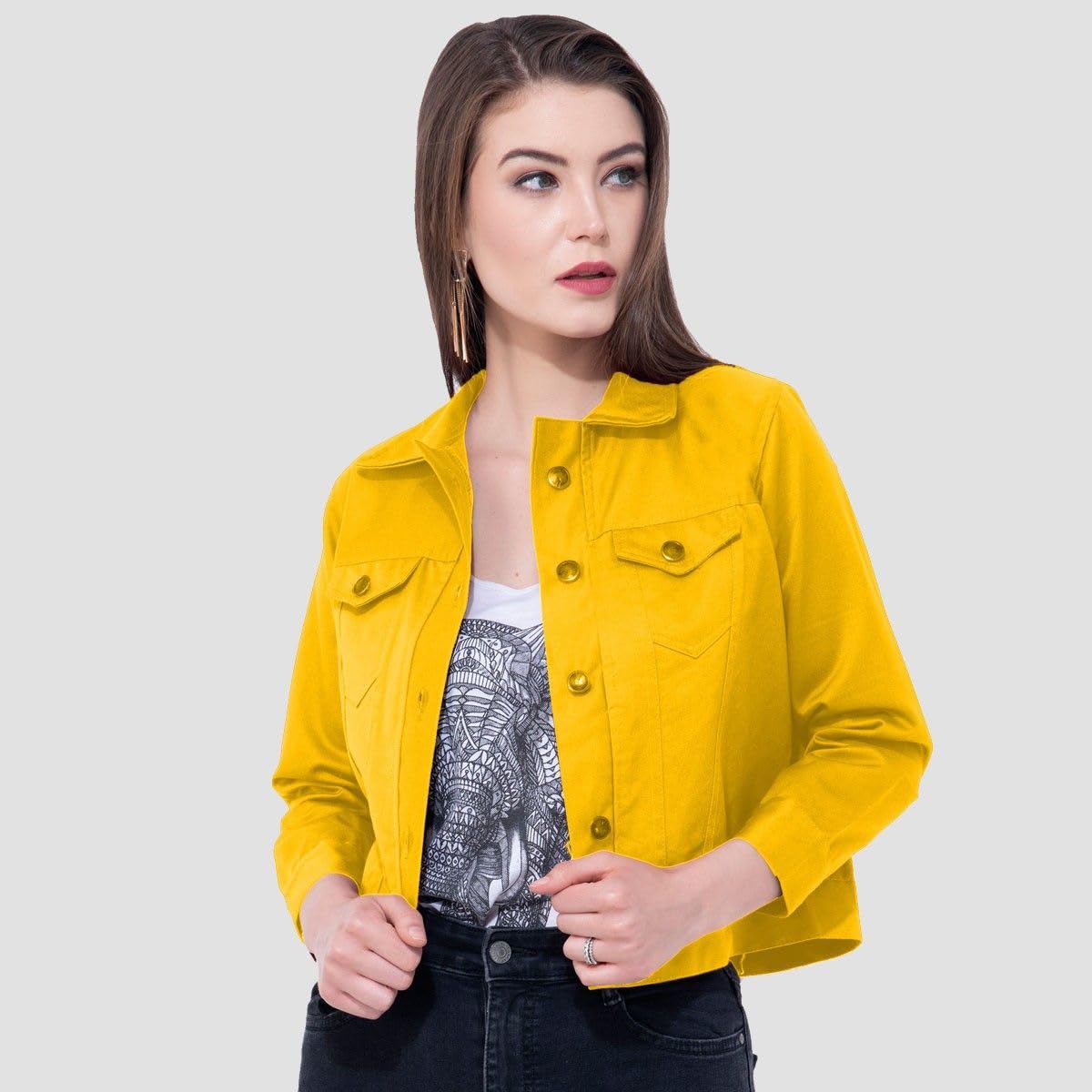 montrez Women Yellow Crop Denim Jacket-picture-17