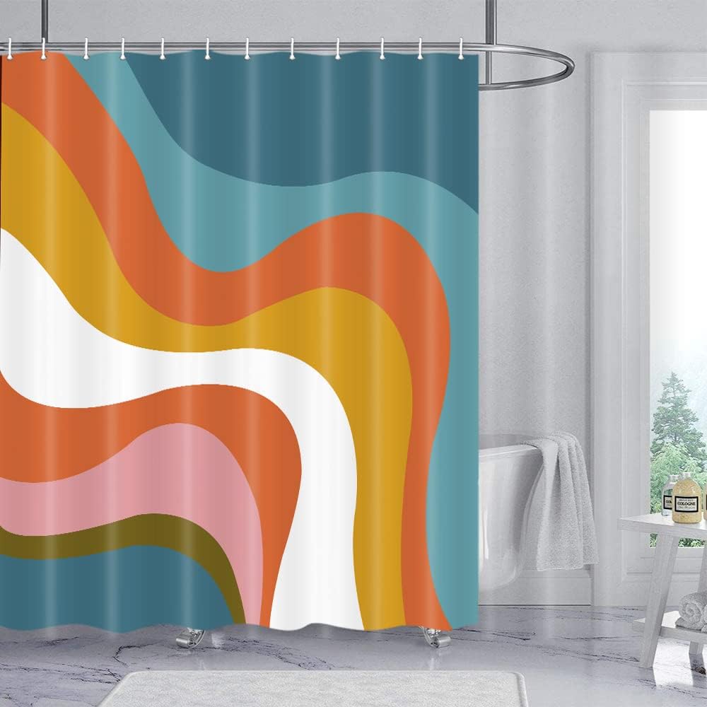 Jipusai Abstract Colorful Retro Shower Curtain, Pastel Rainbow Colorful Groovy Waves