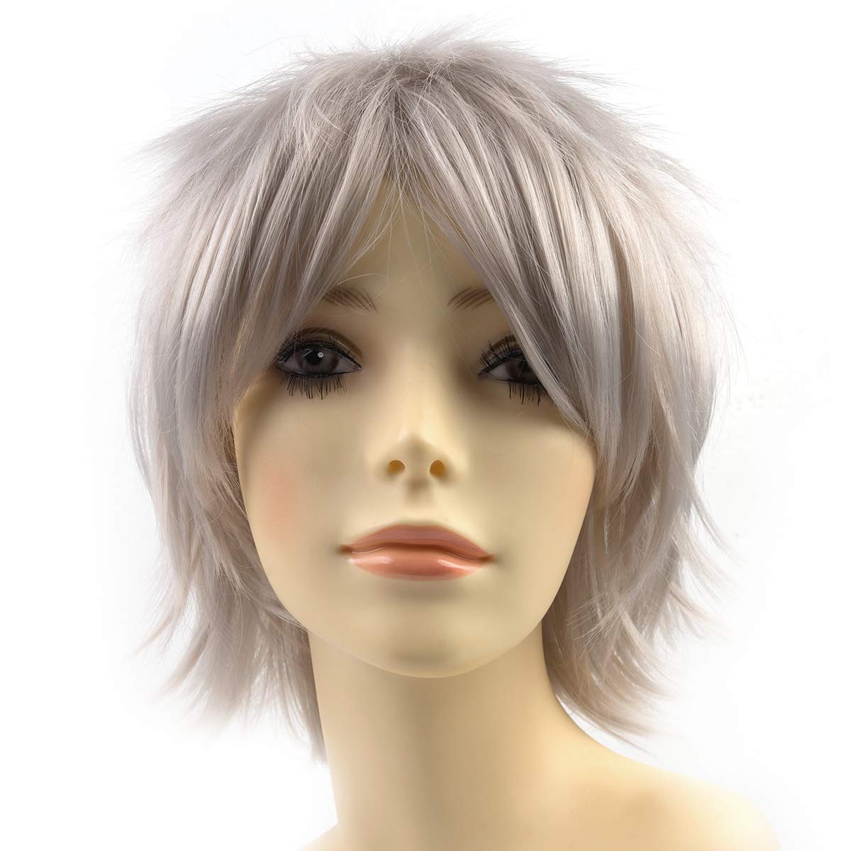 Modernfairy Anime Halloween Wig Silvery Grey for Cosplay Party, Synthetic Layered Short Hair Wigs with Bangs, Pastel Wigs for Women Men