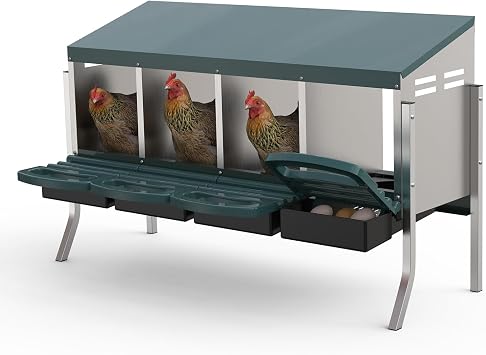 GarveeLife Chicken Nesting Box 4 Hole, Galvanized Steel Nest with Roll Away Egg Collection & Swing Perch, Easy-Clean Laying Box for Hens, Heavy Duty Design for Chicken Coop