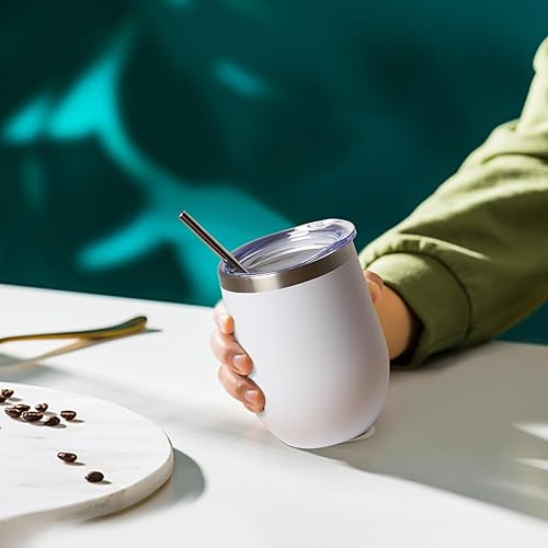 Miniatura 5 de Vaso de vino aislado de 12 oz con tapa y pajita, vaso de vino de acero inoxidable sin tallo de doble pared al vacío, vaso a granel para café,