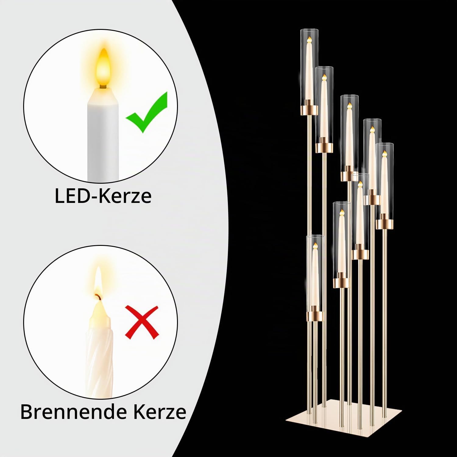 Boden-Kerzenhalter mit Acryl-Lampenschirm, 125 cm hoch, Acryl-Kerzenhalter für konische LED-Kerzen, goldfarbenes Mittelstück für Tisch, Hochzeit, Party, Event, Empfang, Heimdekoration (Gold)