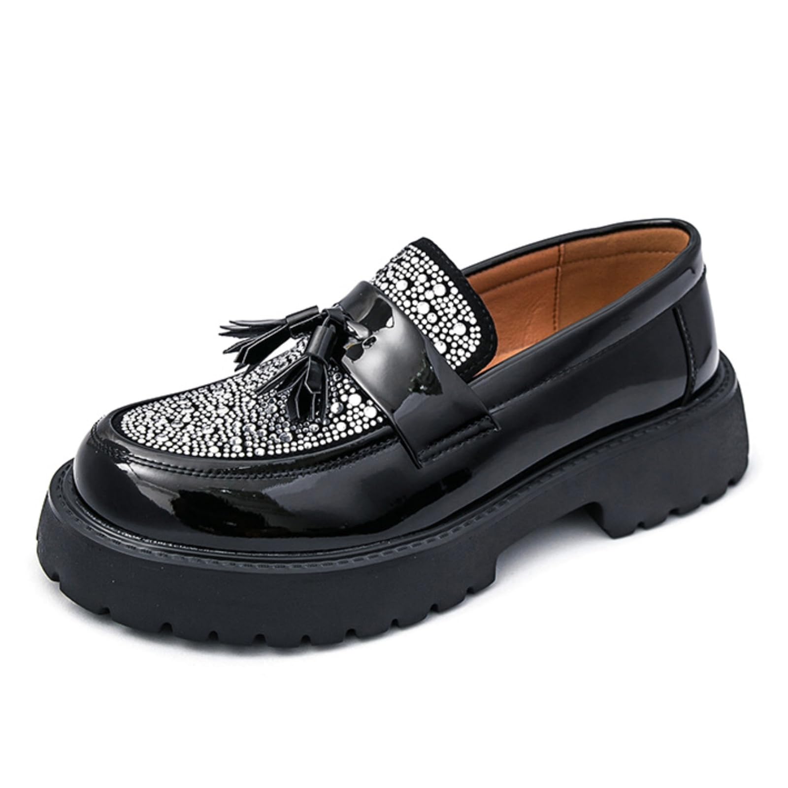 Mocasines Plataforma Piel Charol Hombre Zapatos Vestir Sin Cordones | Borla Brillante Con Purpurina, Puntera Redonda Y Ancha, Zapatos Formal Business Casual, Para Bodas Oficina
