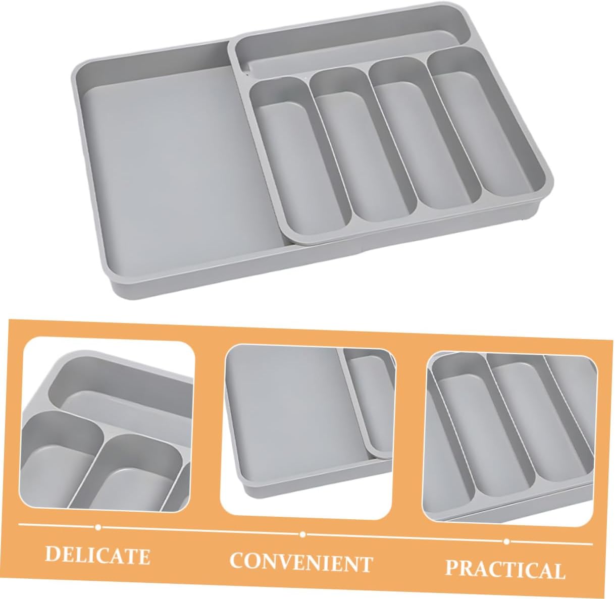 Expandable Silverware Organizer for Drawer, Gray Kitchen Cutlery Tray Dividers, Large Capacity Flatware and Utensil Holder for Household Drawer Storage
