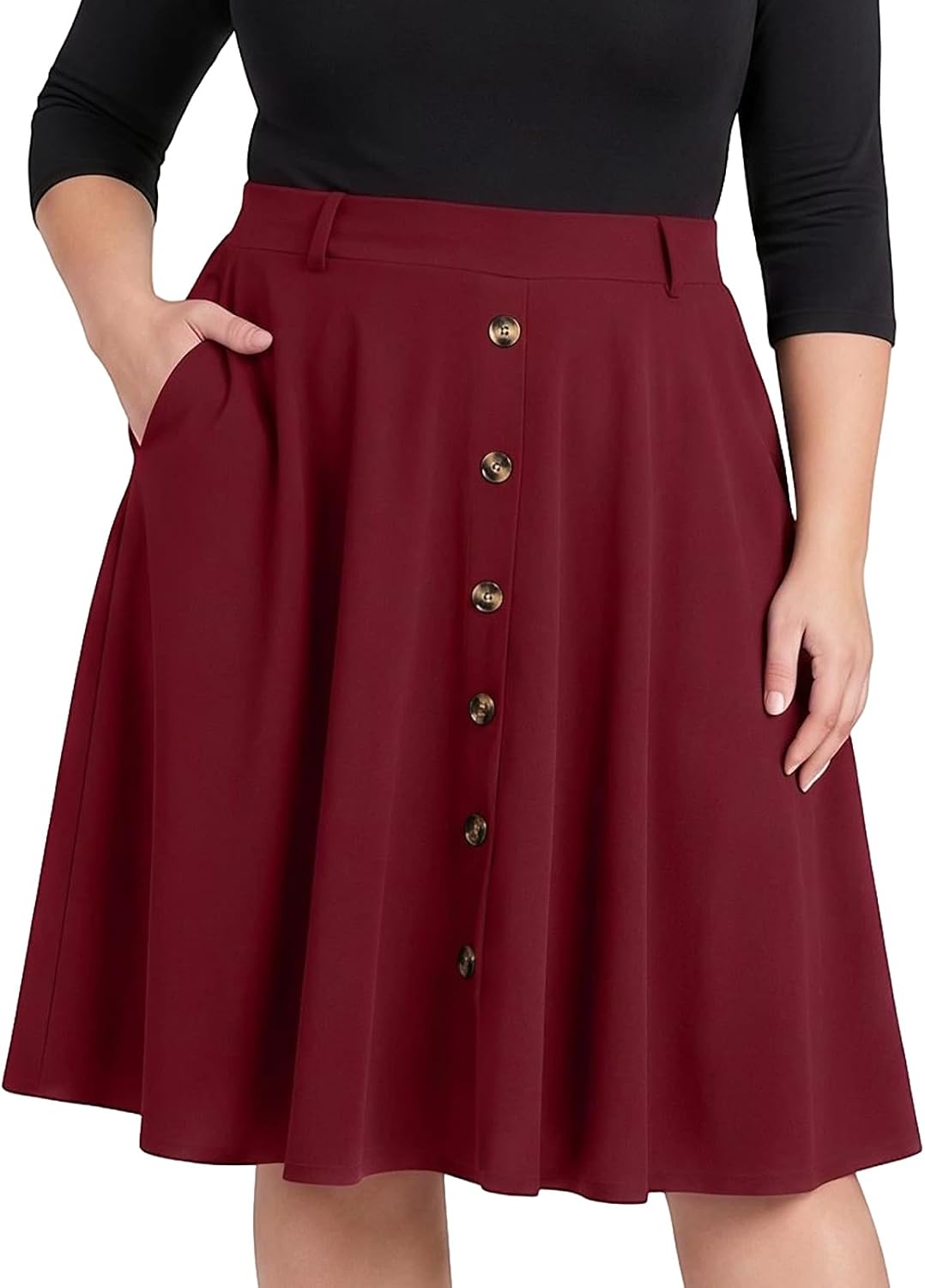 Moon Wood Women Plus Size Midi Skirt Vintage High Waist A-line Casual Skirts with Pockets