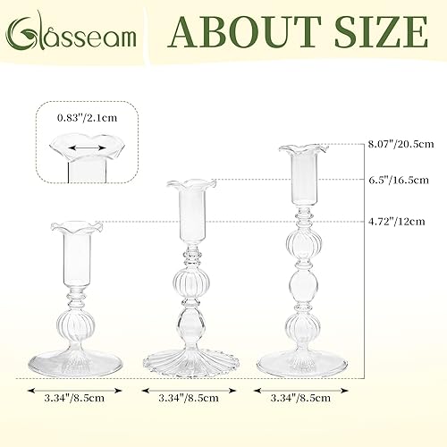 Miniatura 7 de Glasseam Portavelas cónicos de vidrio juego de 3 candelabros transparentes decorativos con Bobeche modernos candelabros cónicos acanalados para