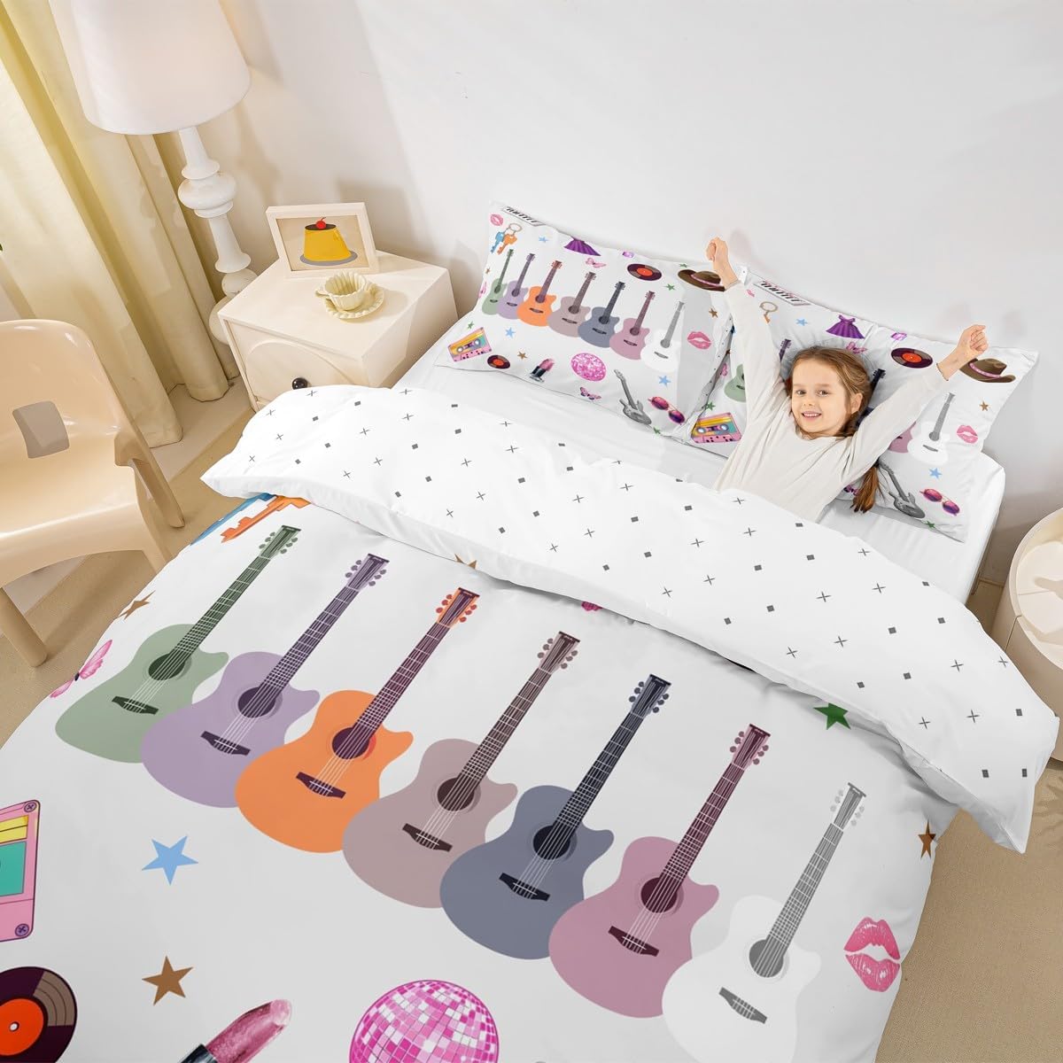 jejeloiu Girls Guitar Bedding Set for Women Singer Music Comforter Cover Toddler Size Aesthetics Modern Disco Snake Butterfly Duvet Cover Bedspread 2Pcs Bedclothes image 5