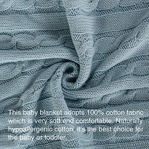 Image of NTBAY 100% Pure Cotton Cable Knit Toddler Blanket, Super Soft Warm Breathable 30x40 Baby Blanket for Crib, Stroller, Nursery, Travel, Newborn, 30x40 Inches, Baby Blue