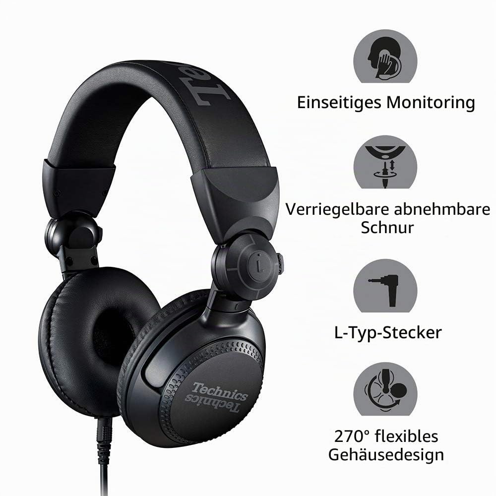 Technics EAH-DJ1200 DJ Kopfhörer, On-Ear, Schwenkarm, abnehmbares Spiralkabel, High-End Stereoklang, schwarz