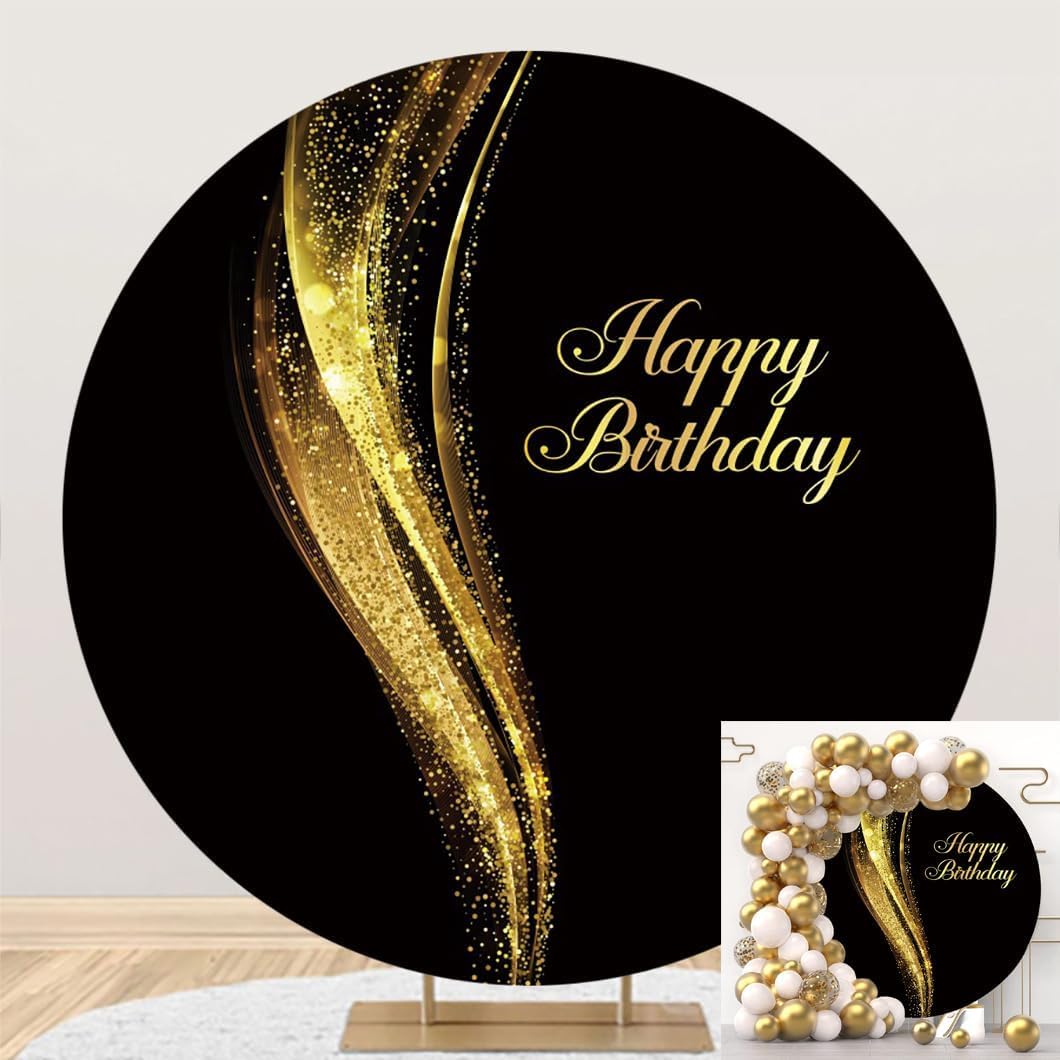 OFILA Black and Gold Round Backdrop 6.5ft Shining Gold Happy Birthday Round Photography Backdrop Fabric Portrait Birthday Party Decorations Polyester