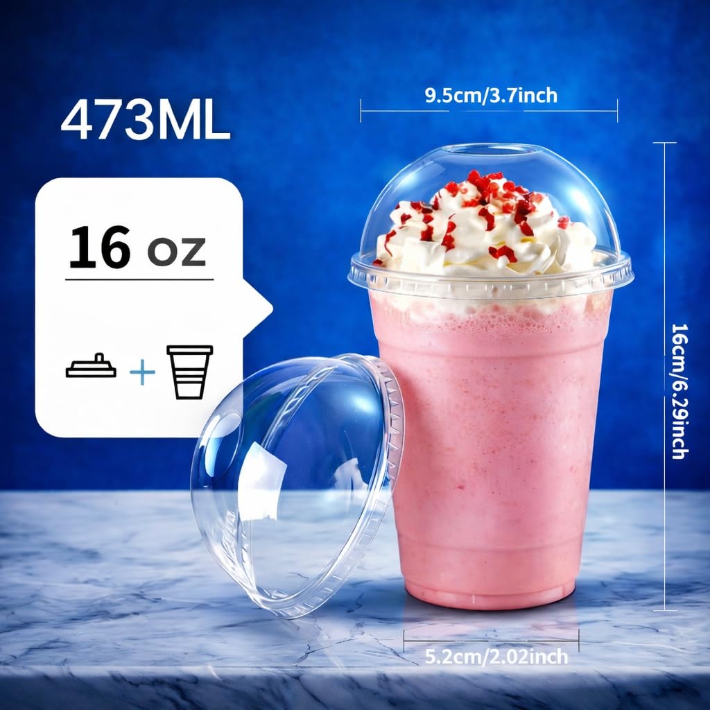 Przezroczyste kubki z pokrywką kopułkową - zestaw 10, 20, 50, 100, 200, 800 - do koktajli mlecznych, smoothie, herbata bąbelkowa, desery, 355 ml, 473 ml, 592 ml (800, 473 ml)