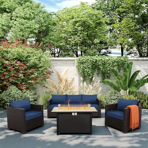 Rattan Star 4 Piece Patio Furniture Set 45 Inches Fire Pit Table Outdoor Furniture Sets Patio Couch Outdoor Chairs 50000 BTU Propane Fire Pit with No-Slip Cushions and Waterproof Covers, Navy Blue