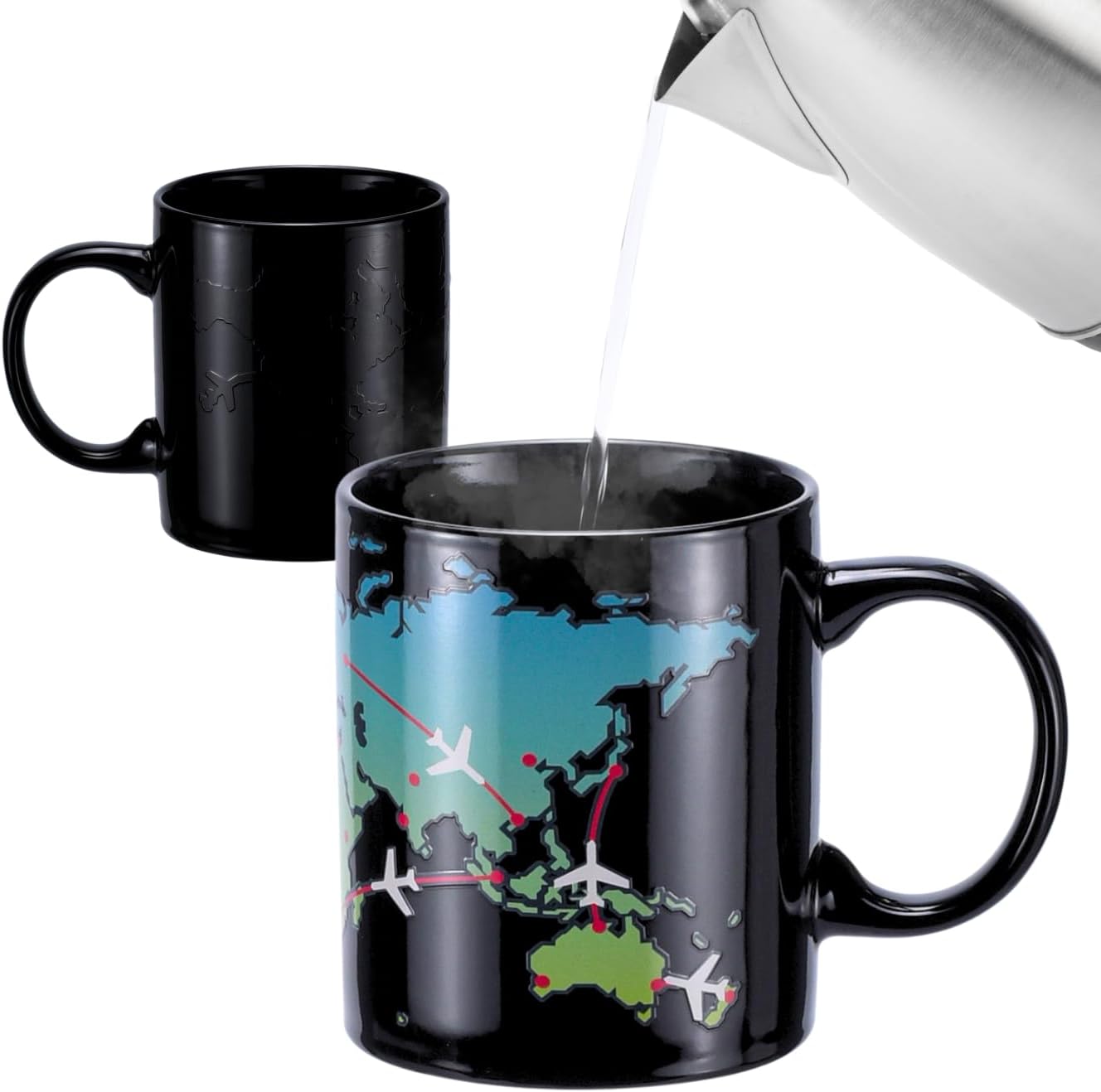 World Map Mug with Airplanes - Colour Changing with Heat - Gift for Pilots, Travellers and Aviation Enthusiasts - Ceramic