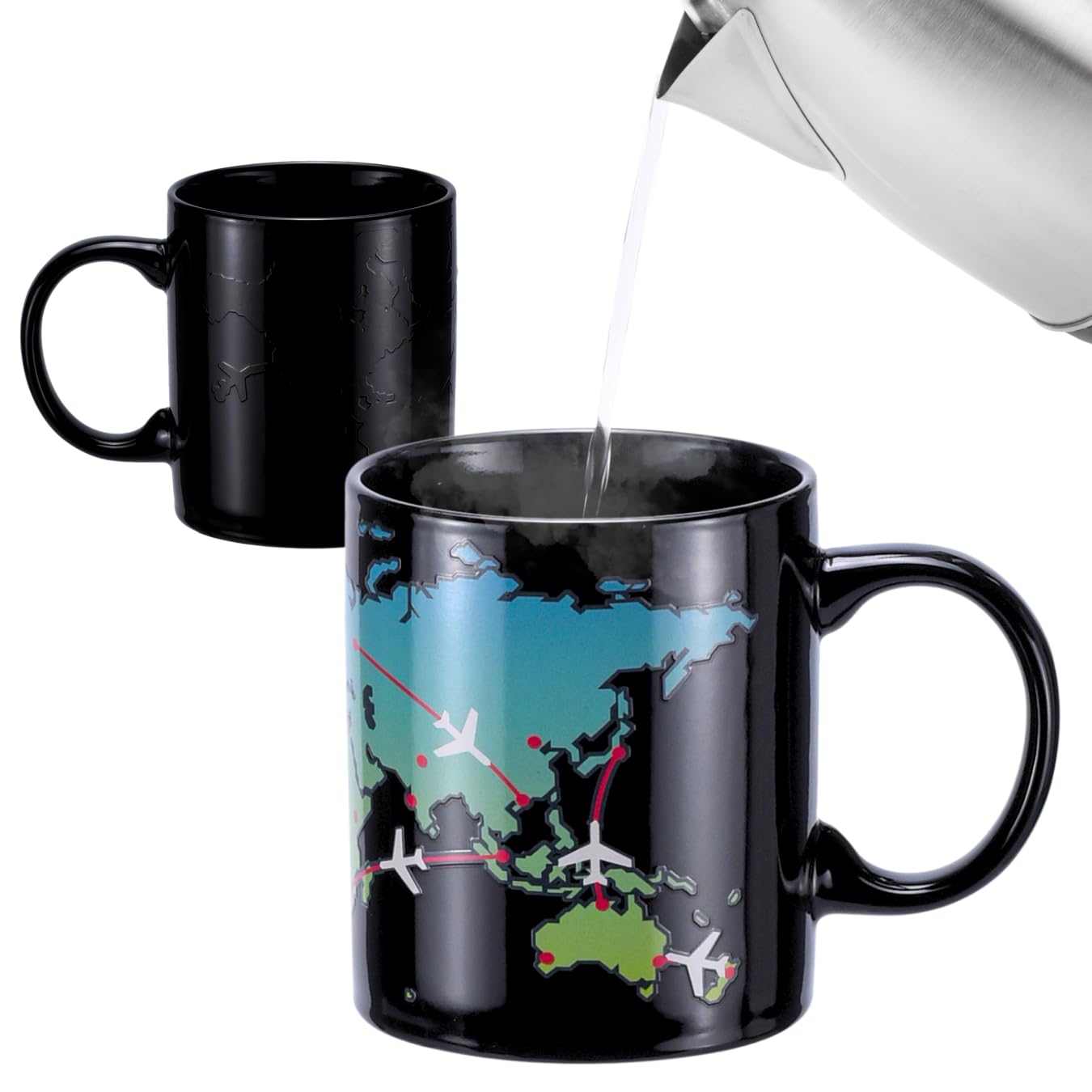 World Map Mug with Airplanes - Colour Changing with Heat - Gift for Pilots, Travellers and Aviation Enthusiasts - Ceramic
