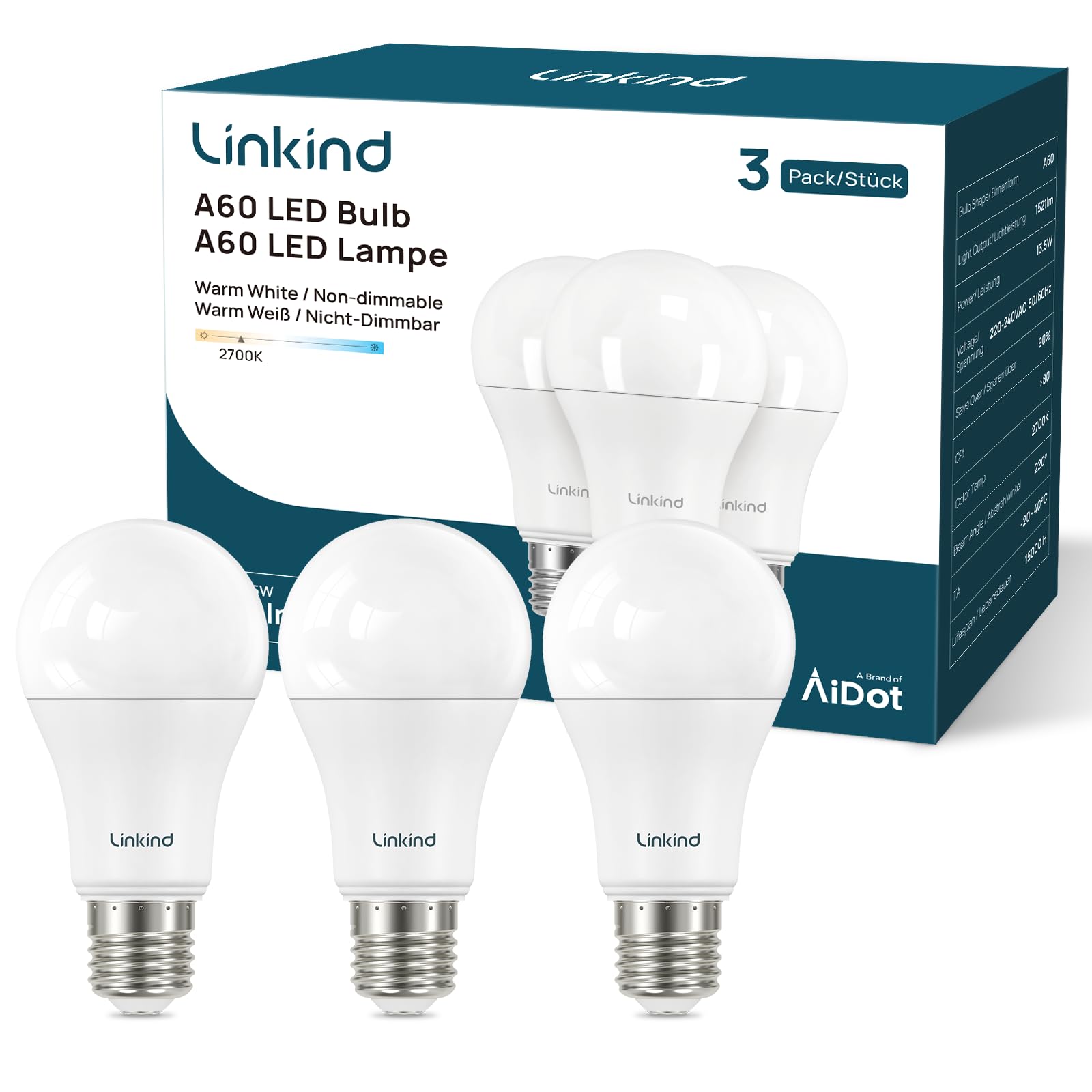 Linkind E27 Screw Bulbs 13.5W, Warm White 2700K E27 LED Bulb, 100W Equivalent 1521LM, Large Screw in LED Light Bulb, Energy Saving ES GLS Bulbs for Lamps, Non-Dimmable, Pack of 3