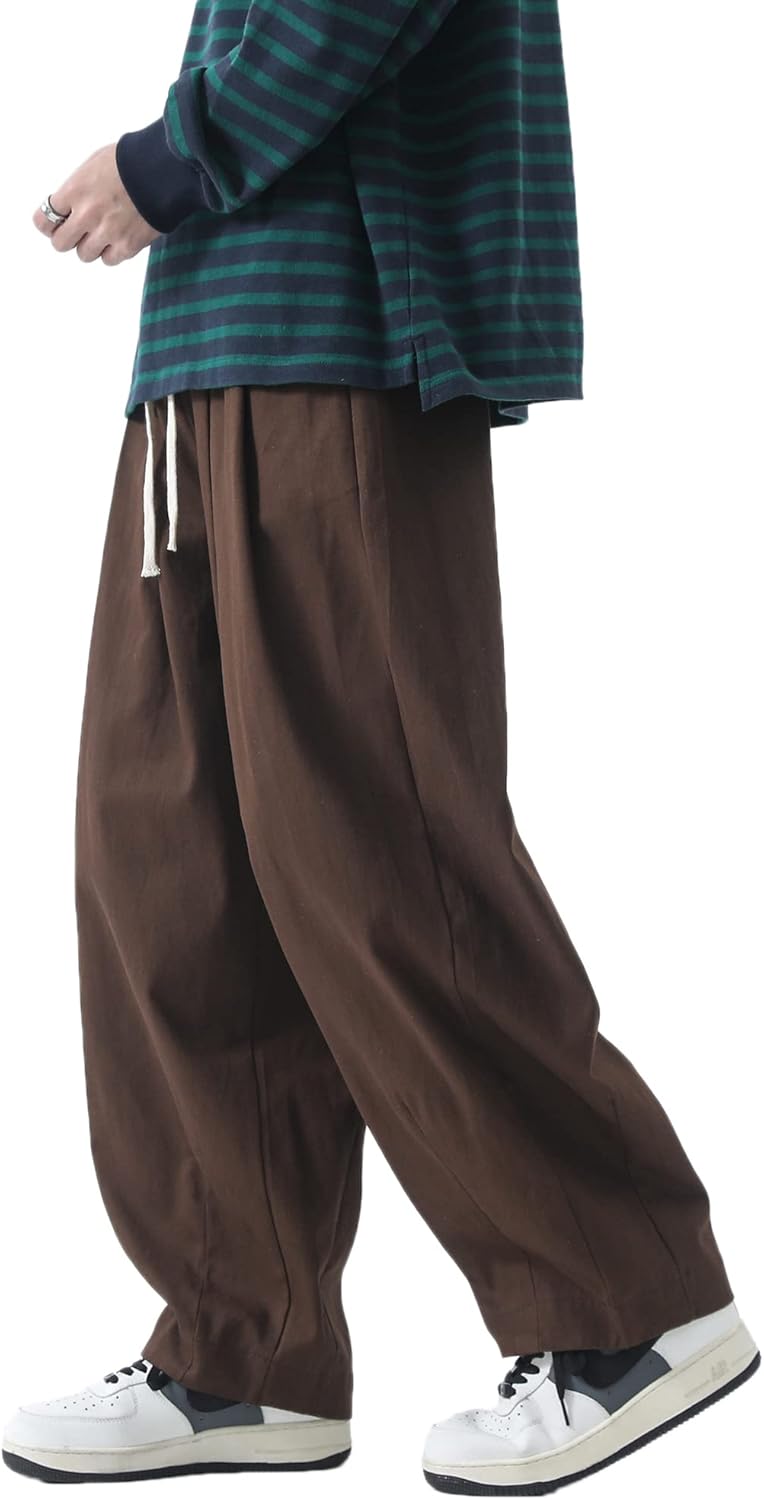 PRIJOUHE Men's Baggy Cargo Pants Casual Loose Fit Wide Leg Pants with Elastic Drawstring Waist