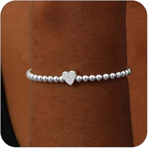 Silver Bracelets for Women 14K Silver Plated Heart Initial Beaded Bracelets Letter Stretch Bead Bracelet Handmade Ball Bracelet Dainty Jewelry Gifts for Women
