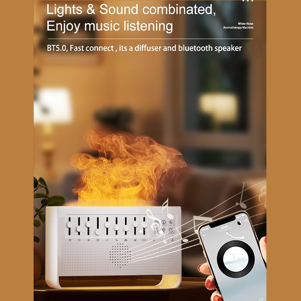 Lecreatekit Altoparlante umidificatore con 8 suoni di rumore bianco, luce di fiamma e diffusore per aromaterapia, timer regolabile per camera da letto, sonno, relax, bianco