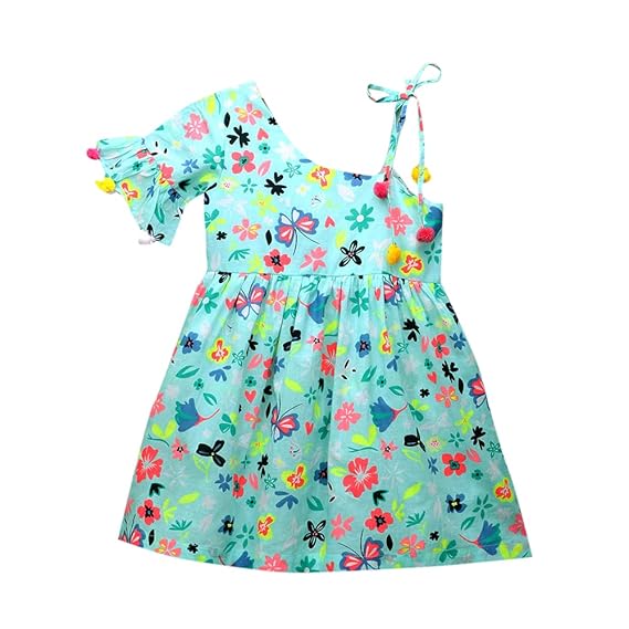 Hopscotch Girls Cotton Floral Printed Dress in Green Color
