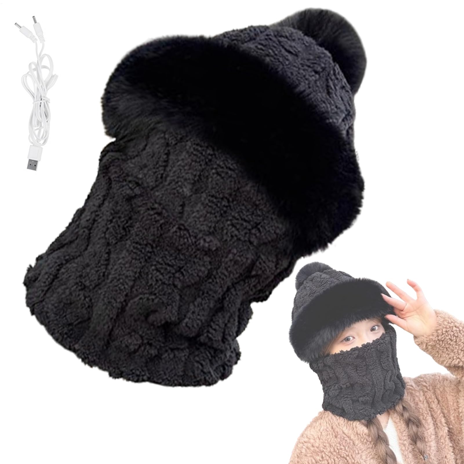 Bonnet chauffant d'hiver et cache-cou électrique coton noir - 8