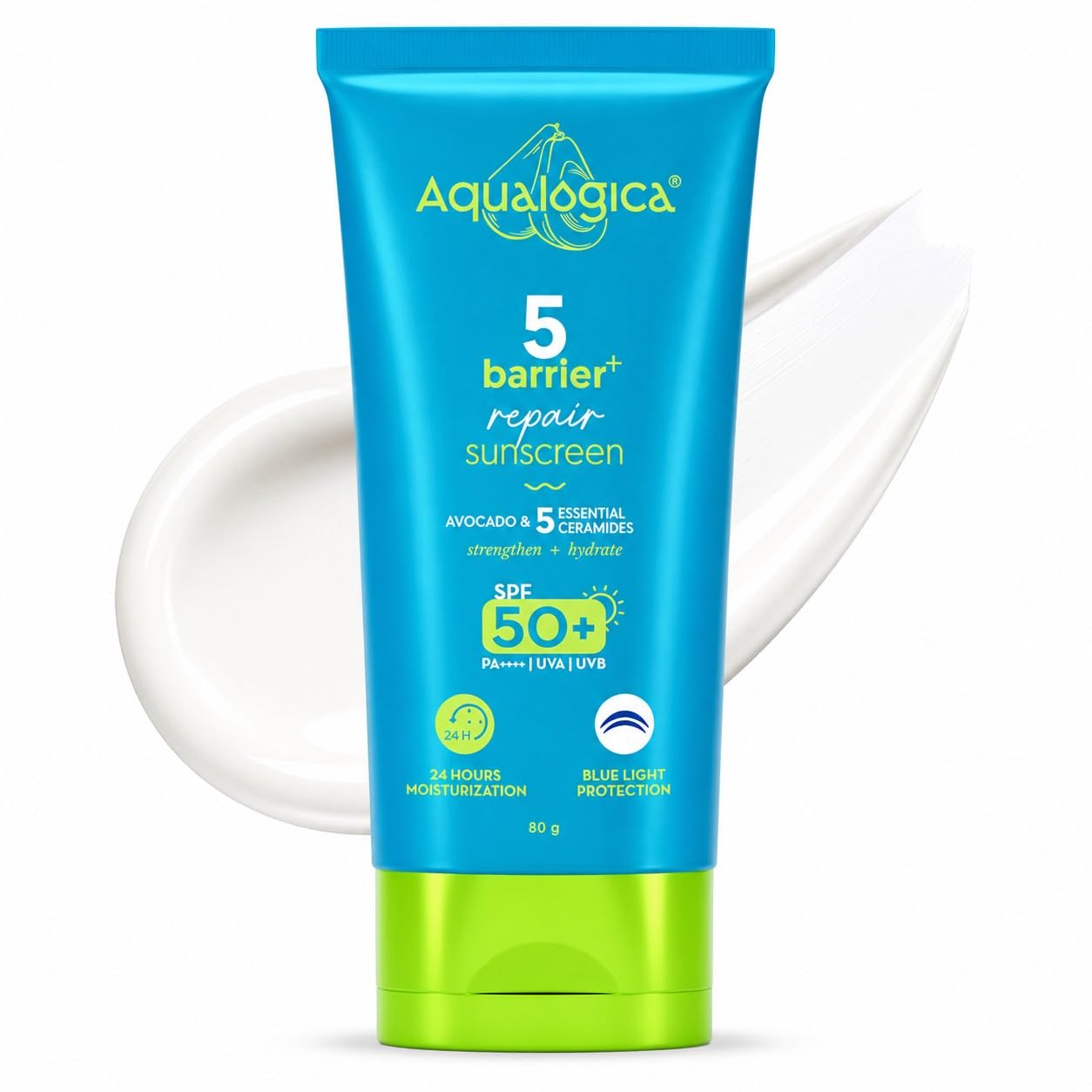 Aqualogica 5 Barrier+ Repair Sunscreen with Avocado & 5 Essential Ceramides | SPF 50 PA++++ | UVA/B & Blue Light Broad Spectrum Protection | Strengthens Skin Barrier | 24 Hr Moisturization | Fragrance Free | 80 g