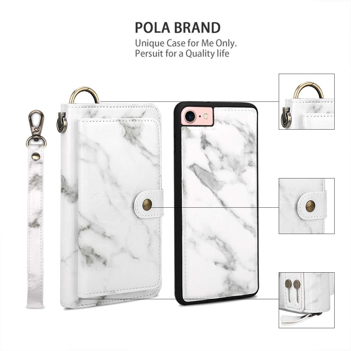 Petocase Compatible iPhone SE 2020/8/7 Wallet Case, Multi-Function Zipper Purse with Detachable Magnetic Back Cover Wristlets 13 Card Slots & 4 Cash Pocket for Apple iPhone 8/7/6s/6 White Marble