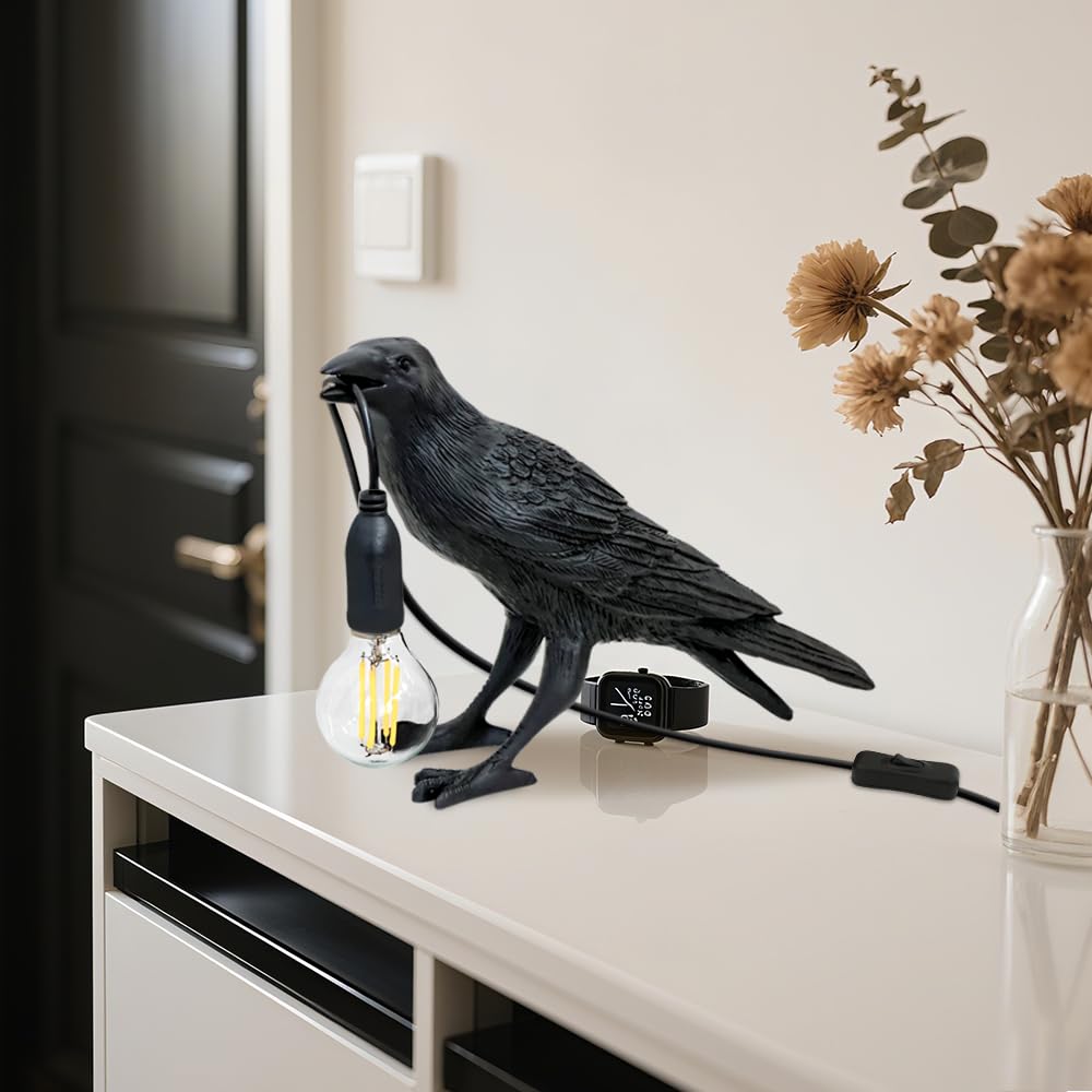 Resina Lampada da Comodino,Lampadas Tavolo Stile Corvo,Con Interruttore A Bottone,Lampada da Scrivani Per Soggiorno Camera Da Letto Ufficio,Nero Luce Lettura e Luce Notturna,Lampade E14 non Incluse