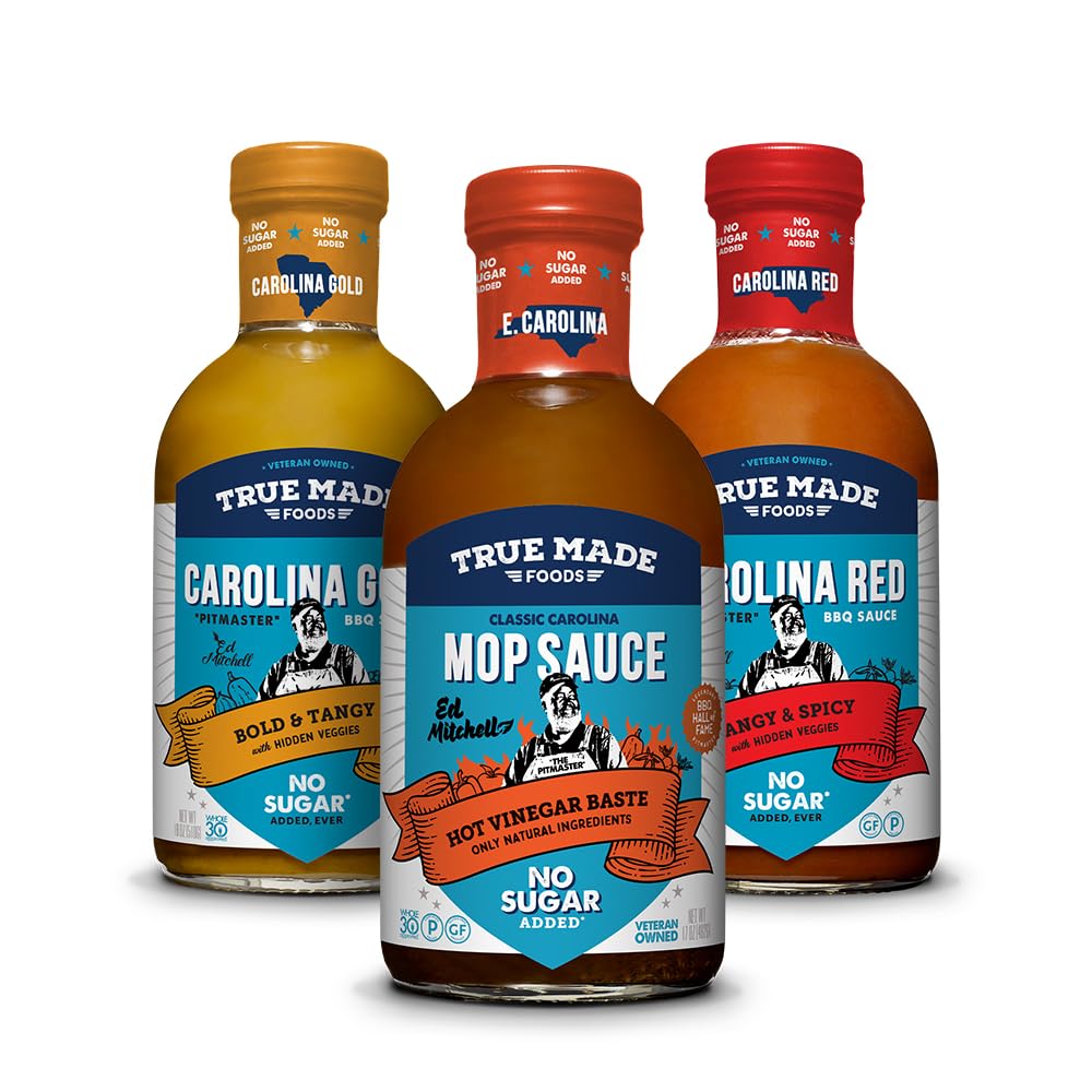 True Made Foods Pitmaster Carolina BBQ Sauce Variety Pack - Carolina Red, Carolina Gold, East Carolina Mop Sauce - Traditional, All-Natural BBQ Sauces by Pitmaster Ed Mitchell, No Sugar Added Barbecue (18 oz, 3 Pack)