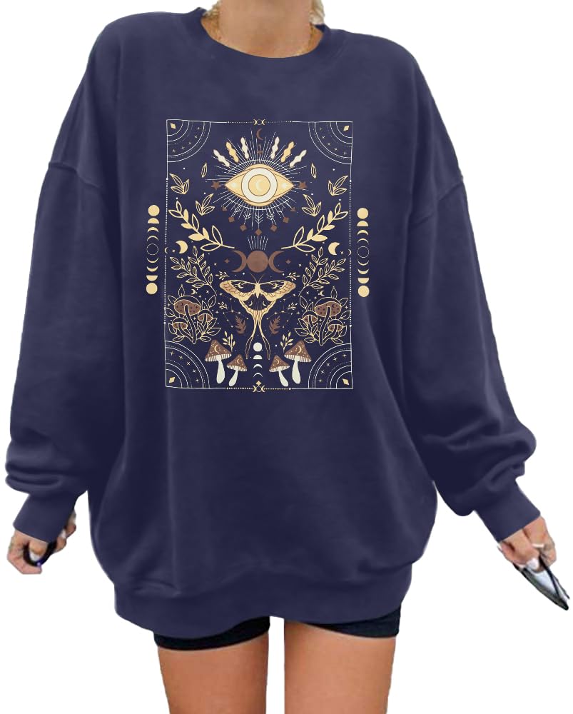 MYHALF Oversized Boho Sweatshirt Women Tarot Card Shirt Vintage Evil Eye Graphic Sweatshirts Casual Long Sleeve Tops