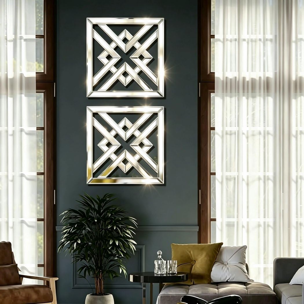 QMDECOR 12x12 Inch Geometric Wall Mirror with Beveled Edge - Modern Silver Decorative Mirror for Living Room, Entryway, Hallway & Bedroom - Durable Black MDF Backing with 3 Hanging Hooks image 4