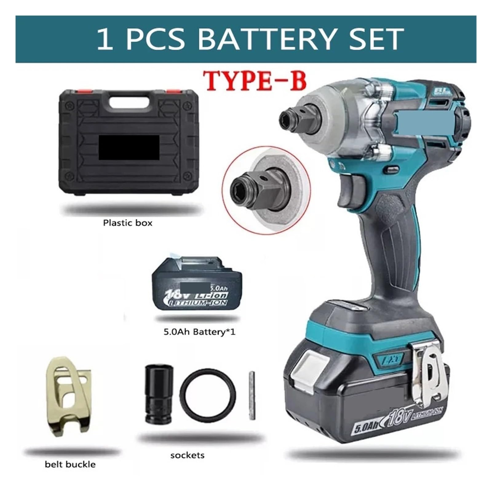 Llave de Impacto Llave De Impacto Eléctrica Sin Escobillas De Alto Torque, 520N.m, 1/2 Y 1/4 De Pulgada, Compatible con Batería De 18V(Type B Toolbox Set)