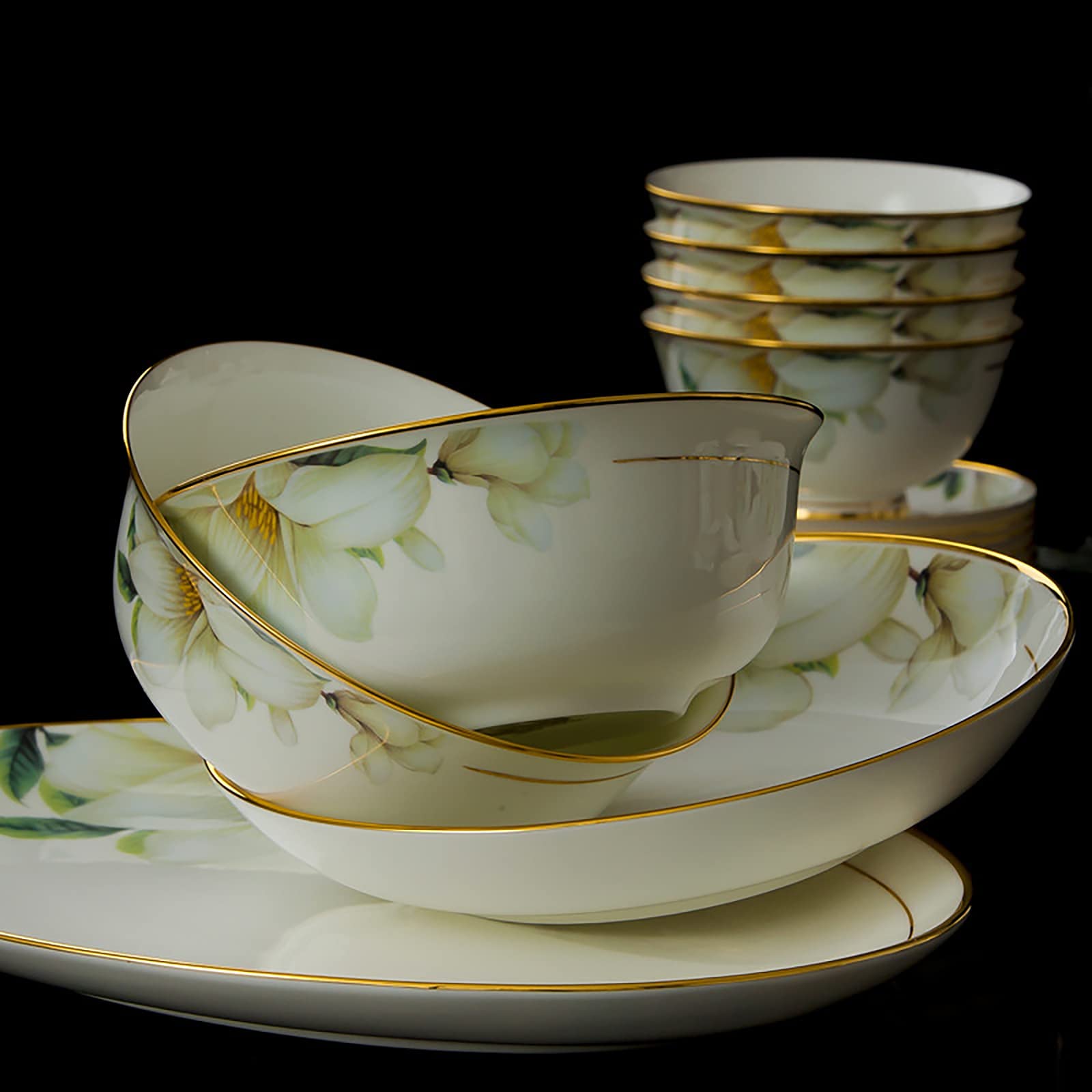 60-częściowy zestaw naczyń z porcelany kostnej, z miseczkami na musli, talerzami deserowymi, talerzami do zupy, talerzami rybnymi i garnkiem do zupy, dla 10 osób, nadaje się do mycia w zmywarce i