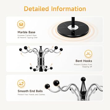 Black Metal Coat Rack Stand with Round Marble Base,three Layers 360 Rotary Design Coat Racks 17 Hooks Standing Coat Rack for Entryway, Hallway