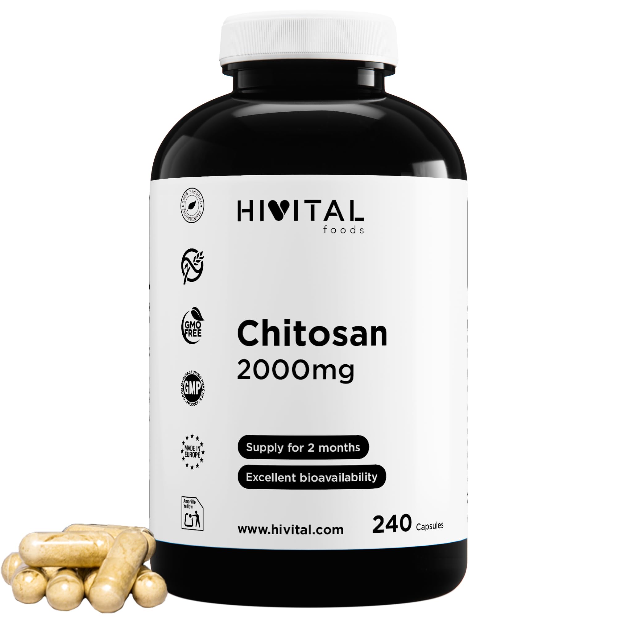 Marine Chitosan 2000 mg. 240 Kapseln für 2-monatige Behandlung. Natürliches Chitosan aus Chitin von Krustentieren. Natürlicher Ballaststoff. Hergestellt von HIVITAL
