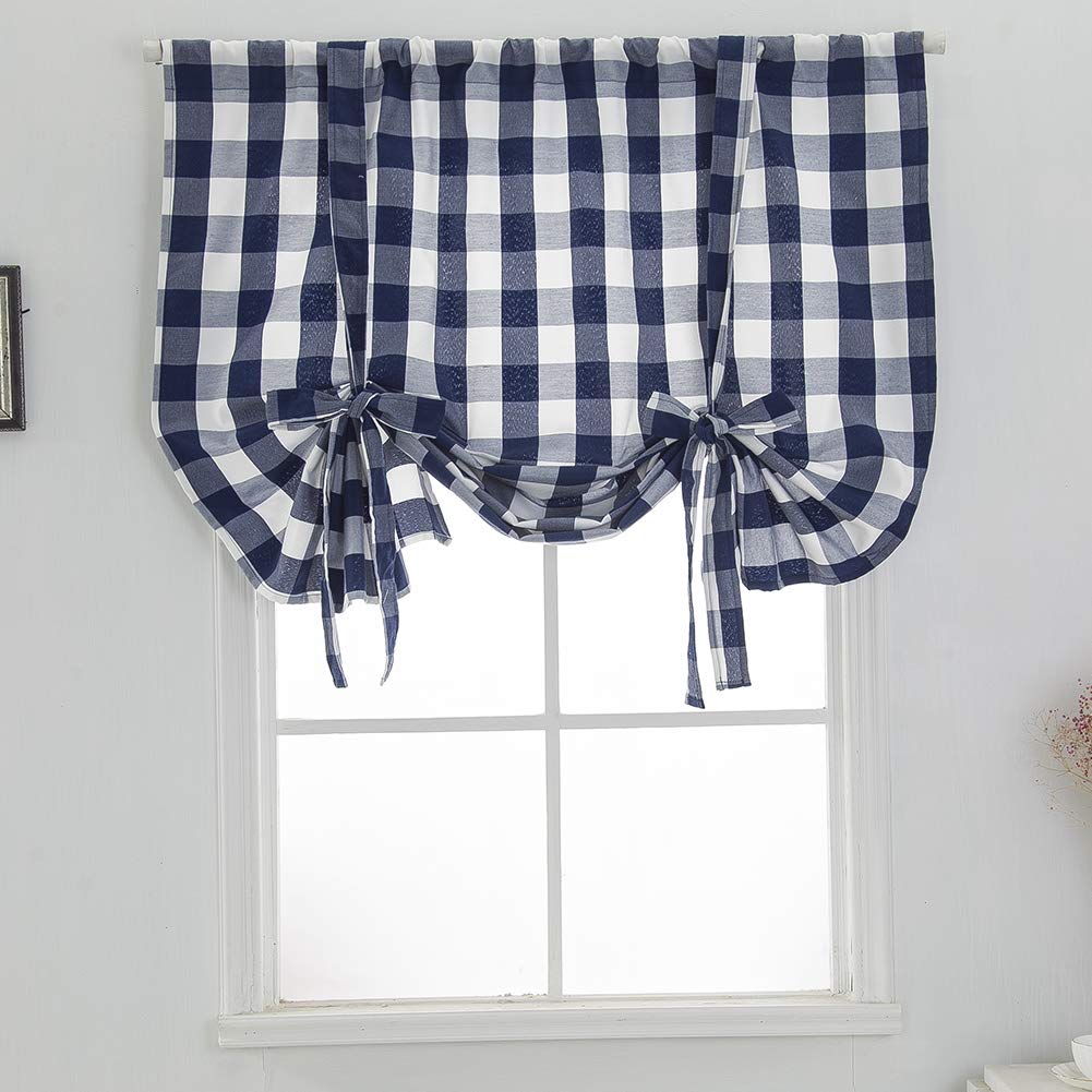 vctops Blue and White Buffalo Check Tie Up Curtains Farmhouse Thermal Insulated Window Adjustable Balloon Curtain Shade for Small Window (24" x 47",