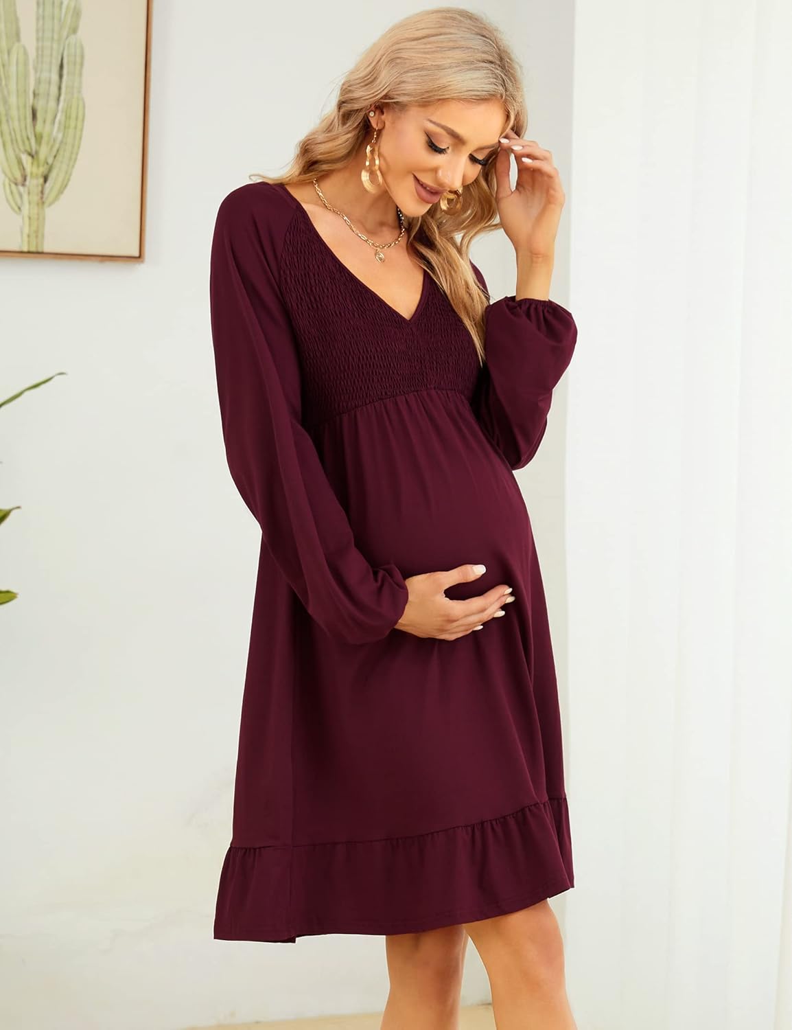 Coolmee Women's Maternity Long Sleeve Ruffle Dress V Neck Smocked Fall Casual Flowy Midi Dress for Baby Shower Photoshoot Long Sleeve Burgundy M