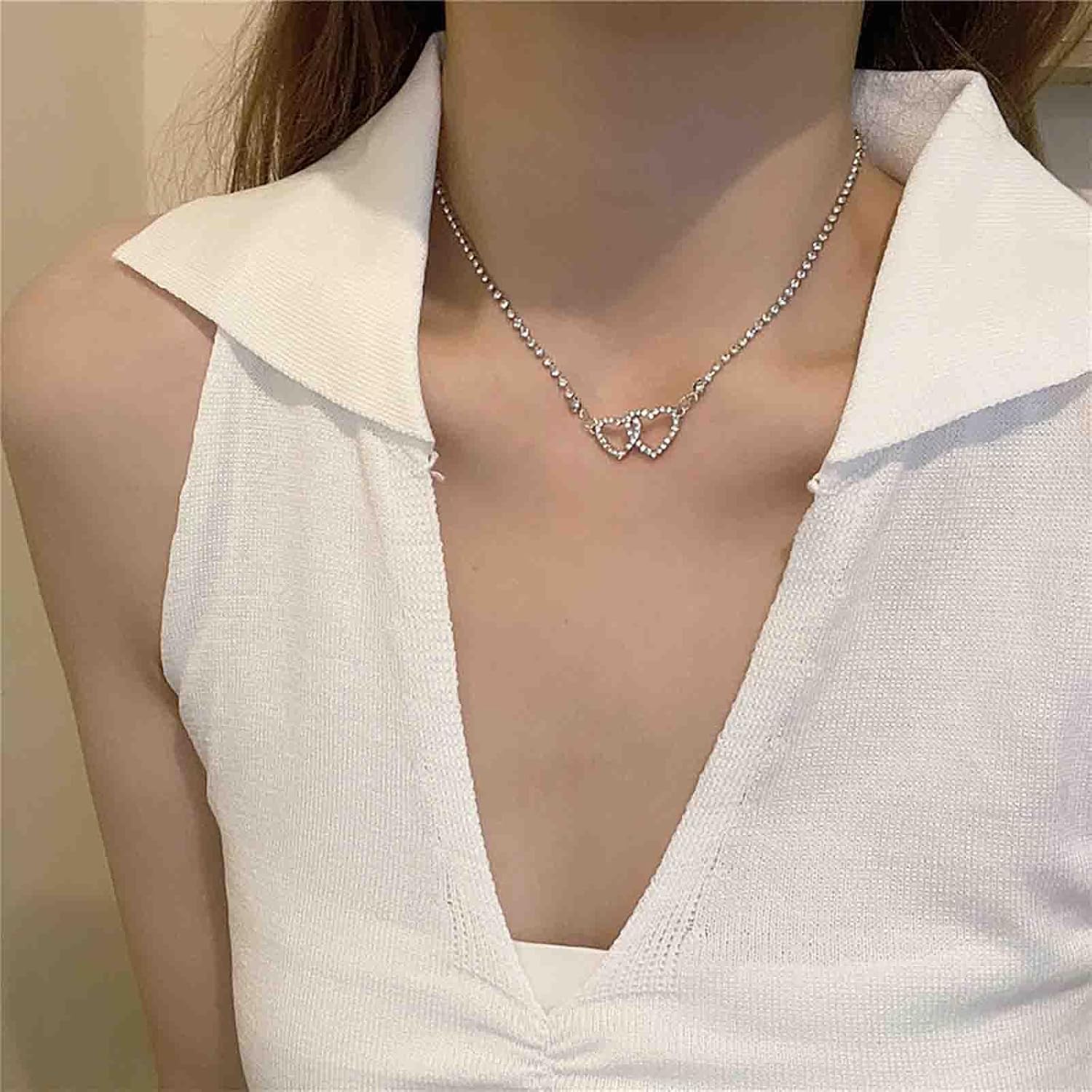 Vintage Crystal Heart Choker Necklaces Rhinestone Heart Pendant Necklaces Silver Interlocking Heart Necklace Tennis Chain Necklace Cz Heart Collar Necklaces Jewelry for Women - Image 7