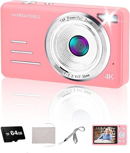 Cámara digital 4K 64MP 18X Zoom Cámara compacta de vlogging con pantalla de 2.8 pulgadas, tarjeta microSD de 64 GB, batería de 1500 mAh, cámara de