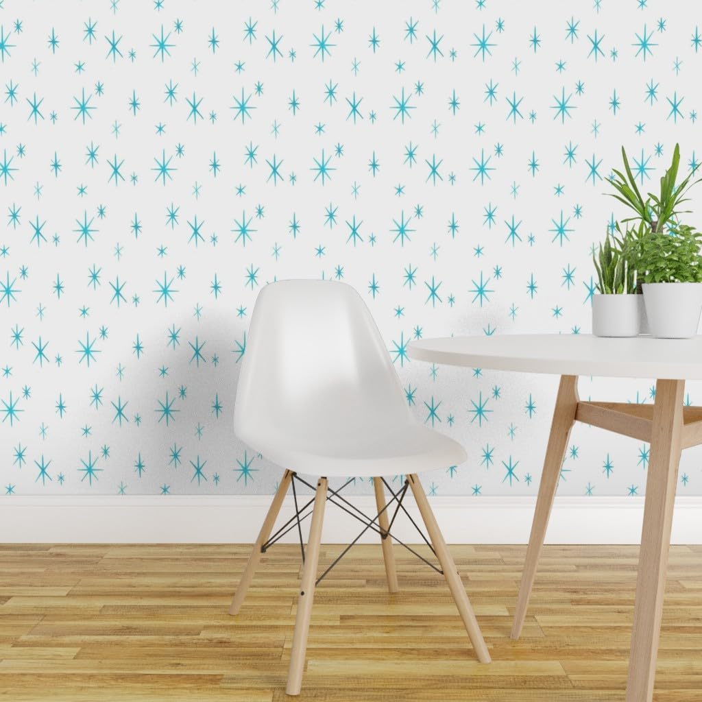 Removable Wallpaper 6ft x 2ft - Turquoise White Vintage Stripes Dots Mid Century Modern Custom Pre-Pasted Wallpaper by Spoonflower
